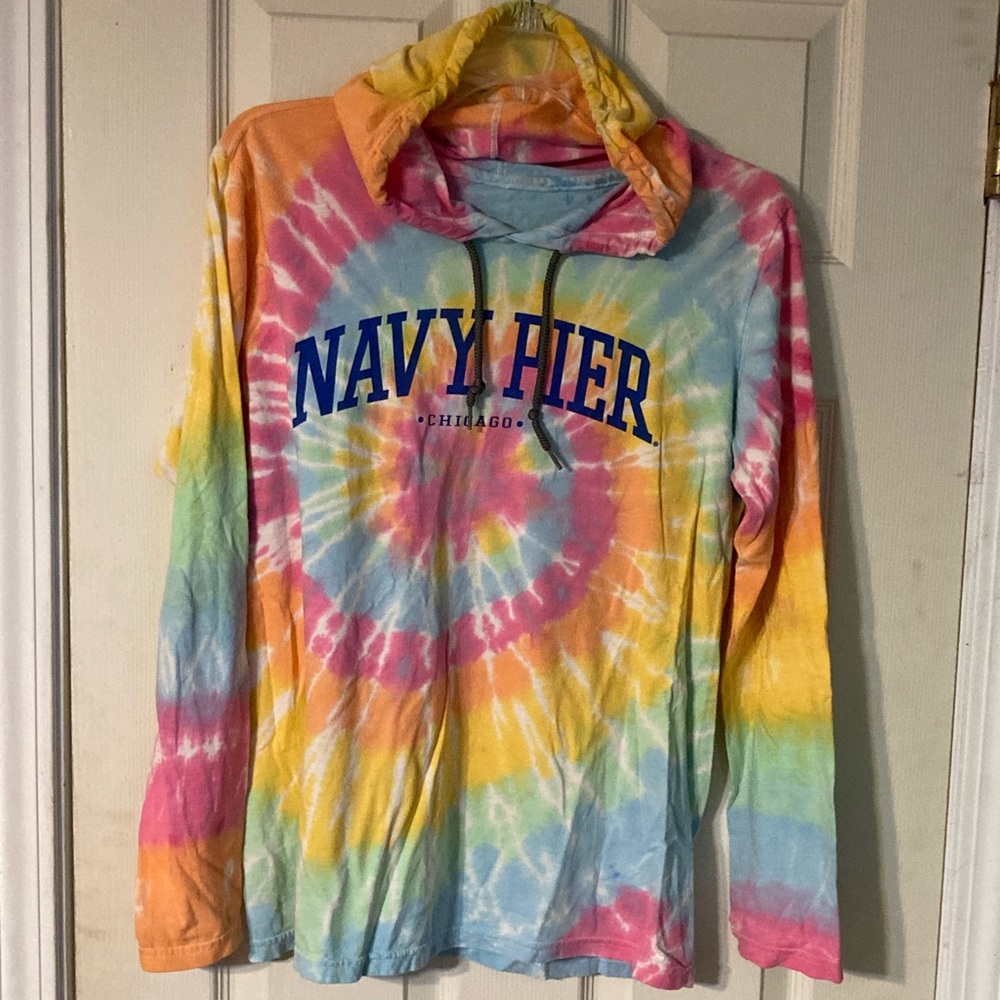 Dyenomite Navy Pier tie dyed long sleeved hoodie tee shirt sz small yellow pink